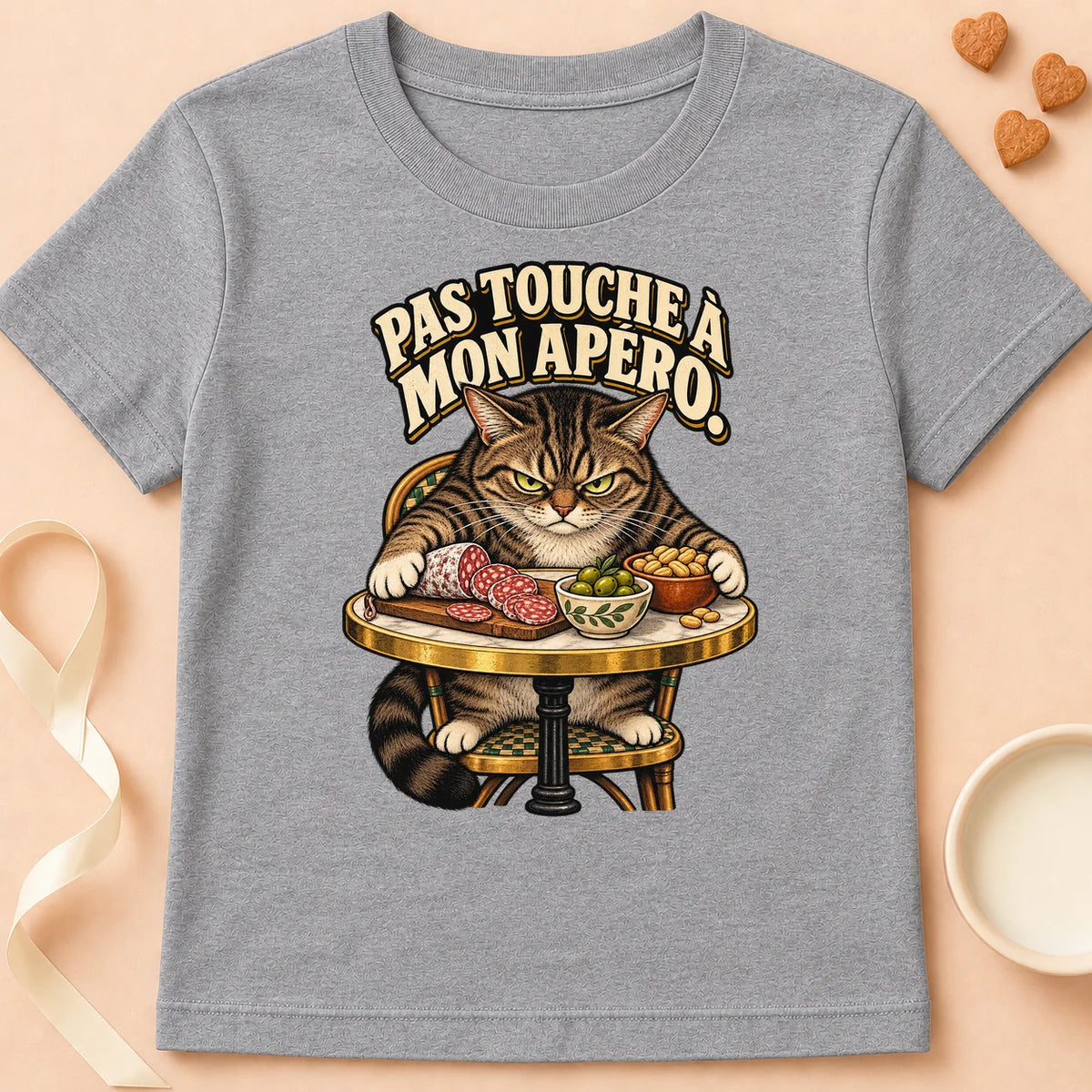 T-shirt chat Patoume – T-shirt Pas touche à mon apéro – Gris
