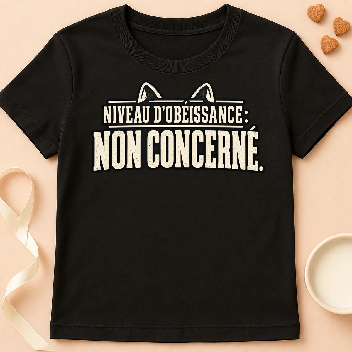 T-shirt chat Patoume – T-shirt Niveau d’obéissance – Noir
