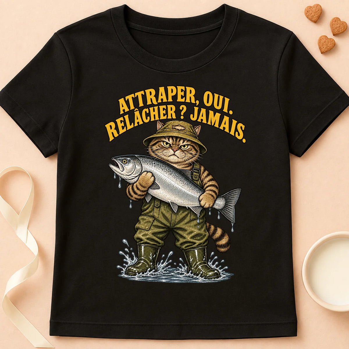 T-shirt chat Patoume – T-shirt Attraper oui, relâcher jamais – Noir