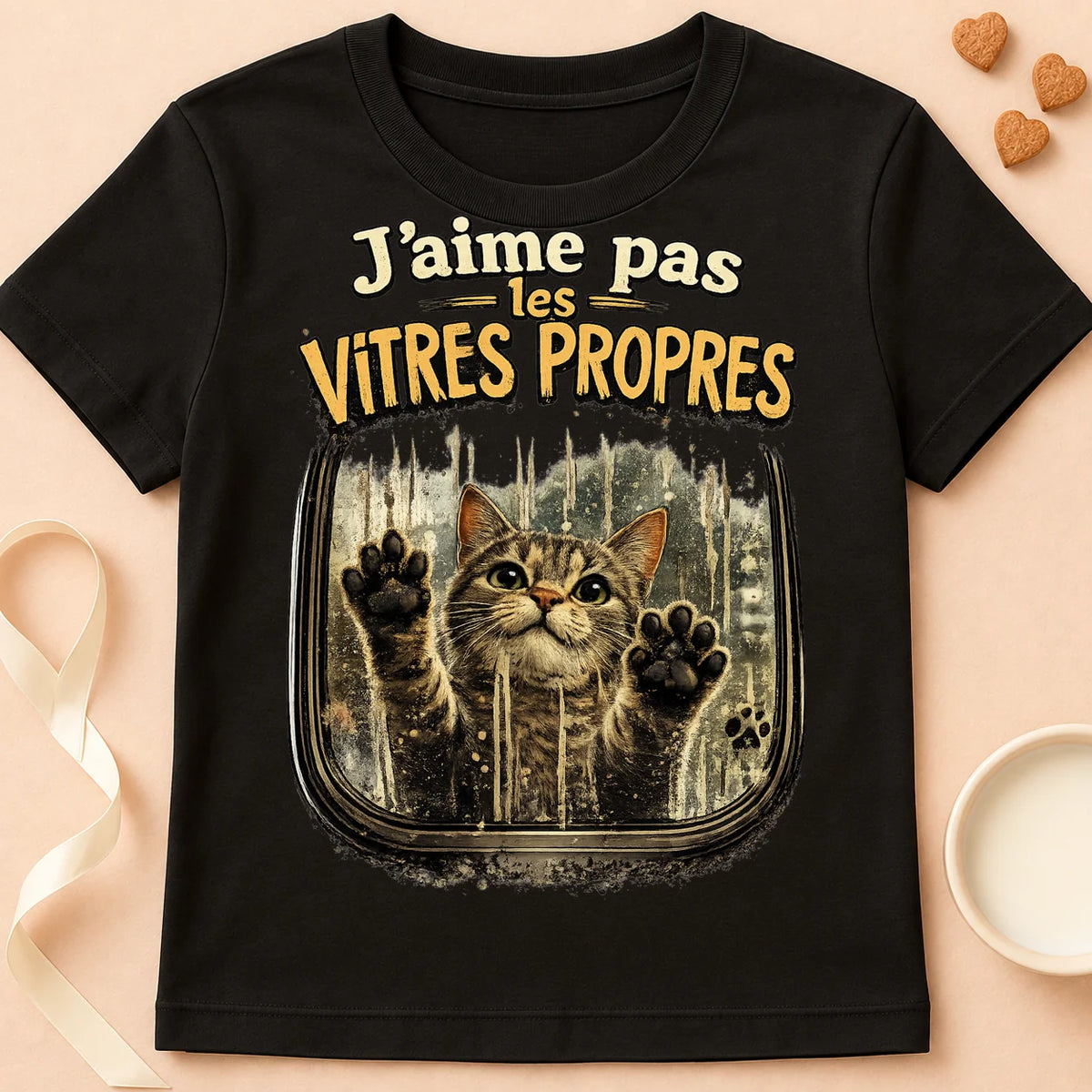 T-shirt chat Patoume – T-shirt « J’aime pas les vitres propres » – Noir