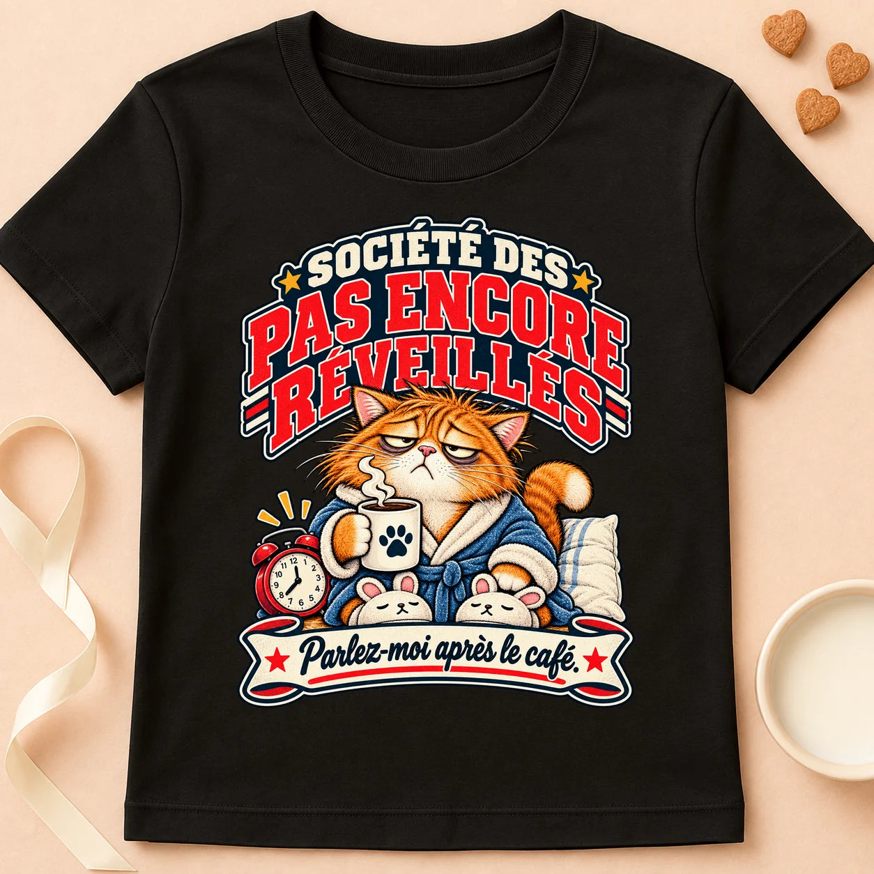 T-shirt chat Patoume – T-shirt Lève-tard – Noir