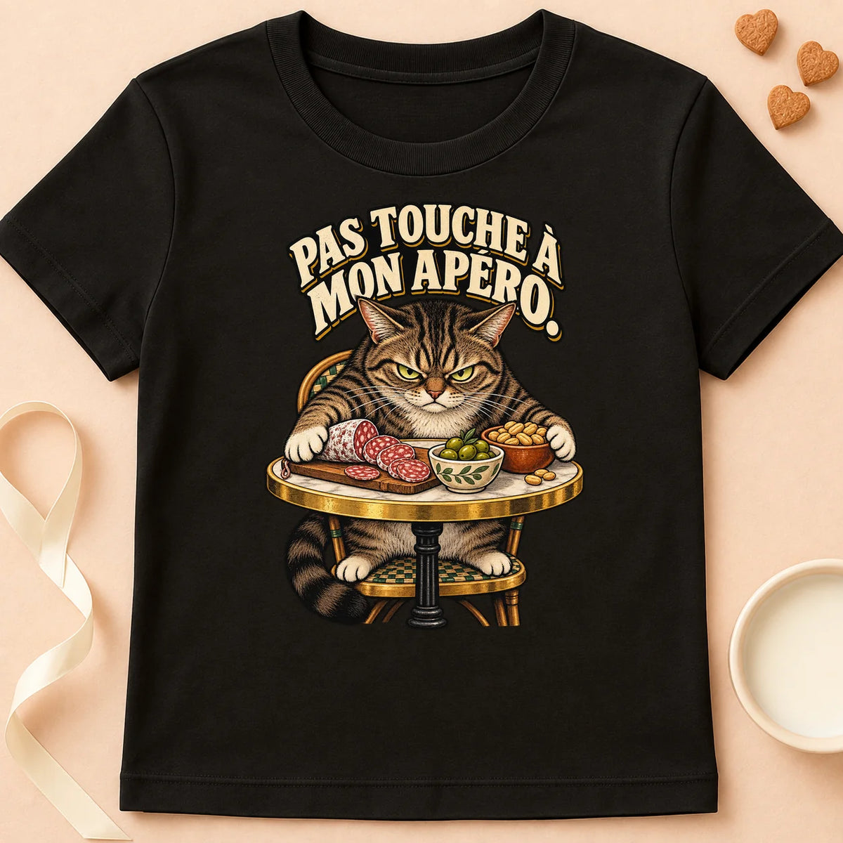 T-shirt chat Patoume – T-shirt Pas touche à mon apéro – Noir