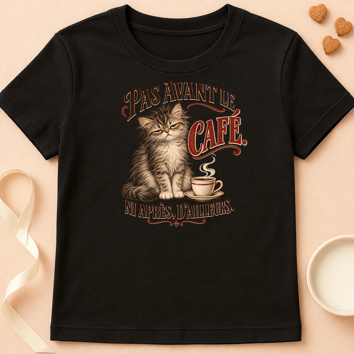 T-shirt chat Patoume – T-shirt Pas avant le café – Noir