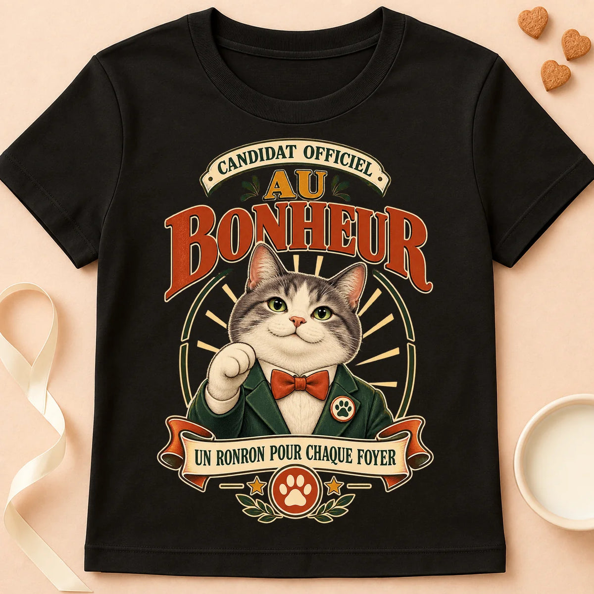T-shirt chat Patoume – T-shirt Candidat au bonheur – Noir