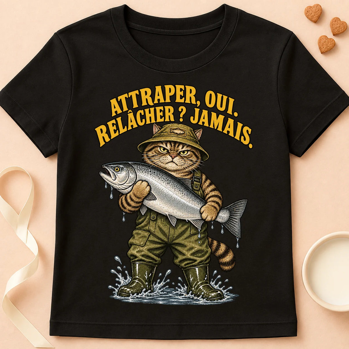 T-shirt chat Patoume – T-shirt Attraper oui, relâcher jamais – Noir