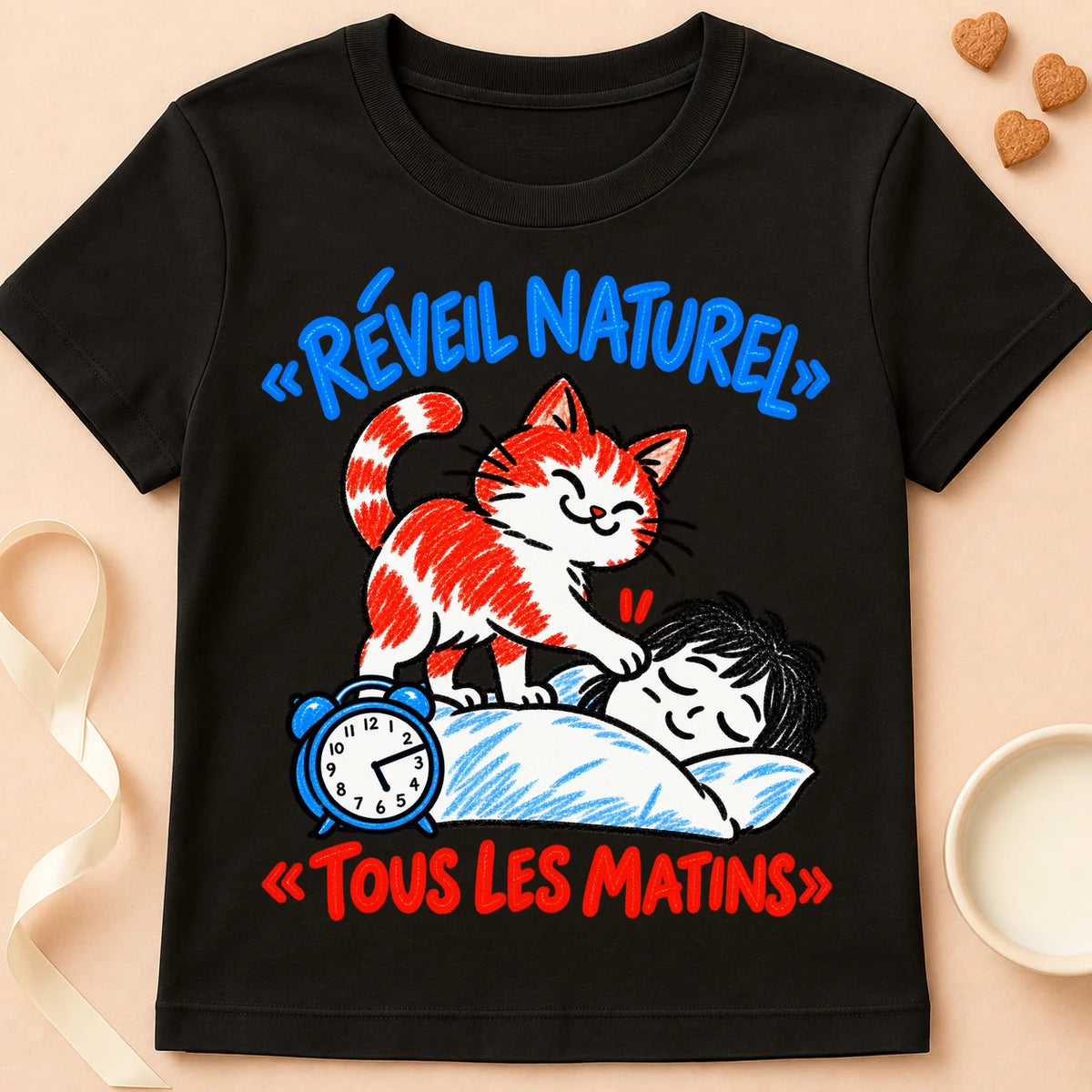 T-shirt chat Patoume – T-shirt Réveil naturel – Noir