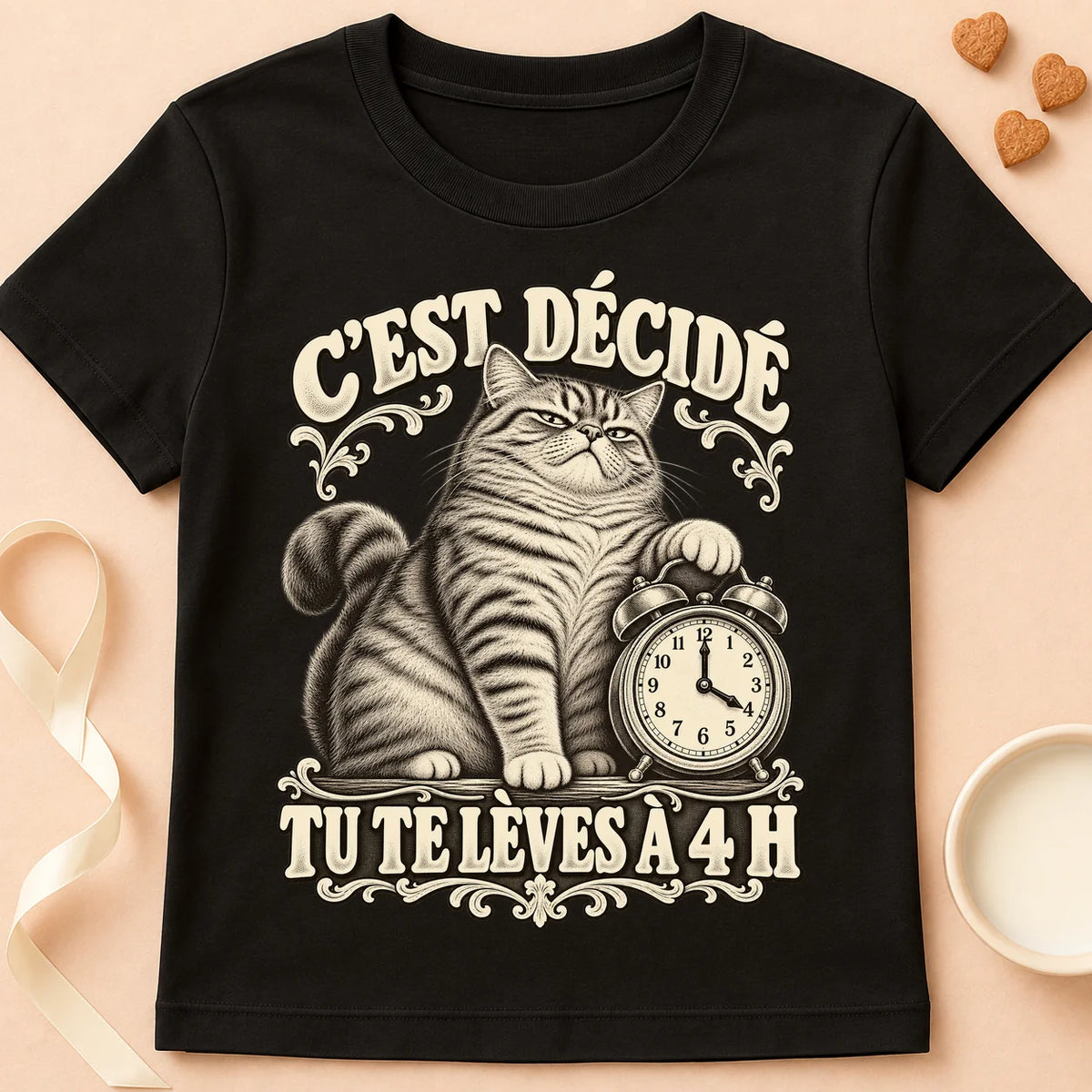 T-shirt chat Patoume – T-shirt Chat réveil – Noir