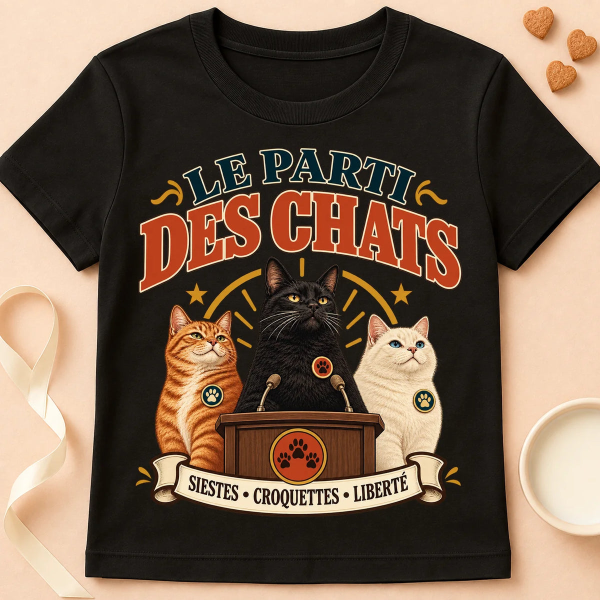 T-shirt chat Patoume – T-shirt Parti des chats – Noir