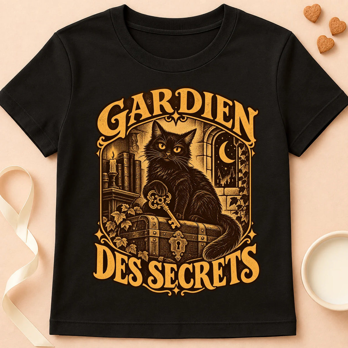 T-shirt chat Patoume – T-shirt Gardien des secrets – Noir