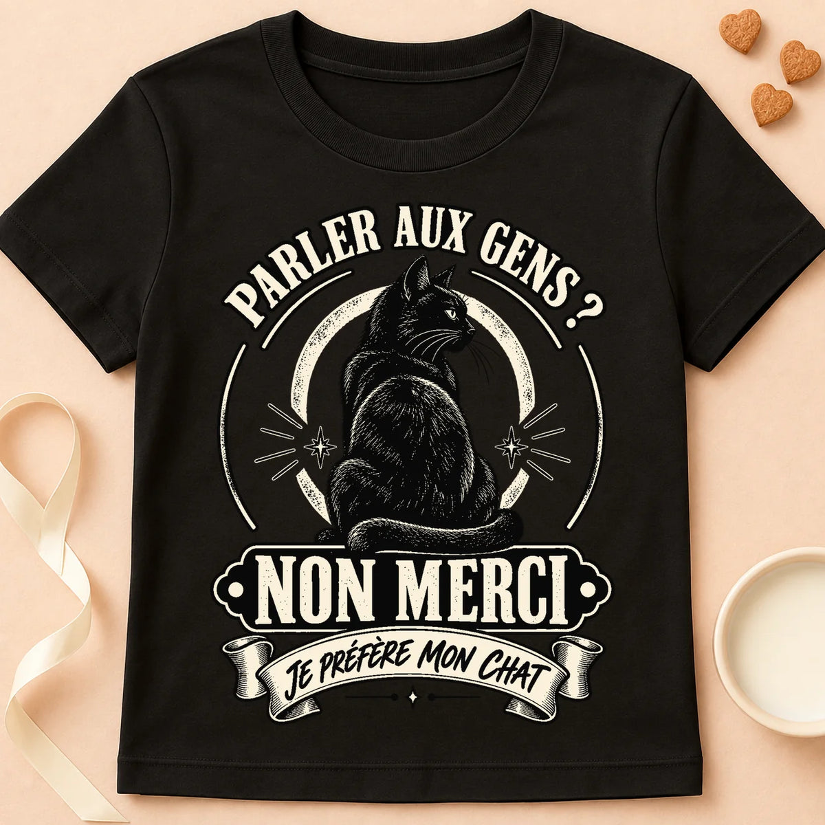 T-shirt chat Patoume – T-shirt Parler aux gens – Noir