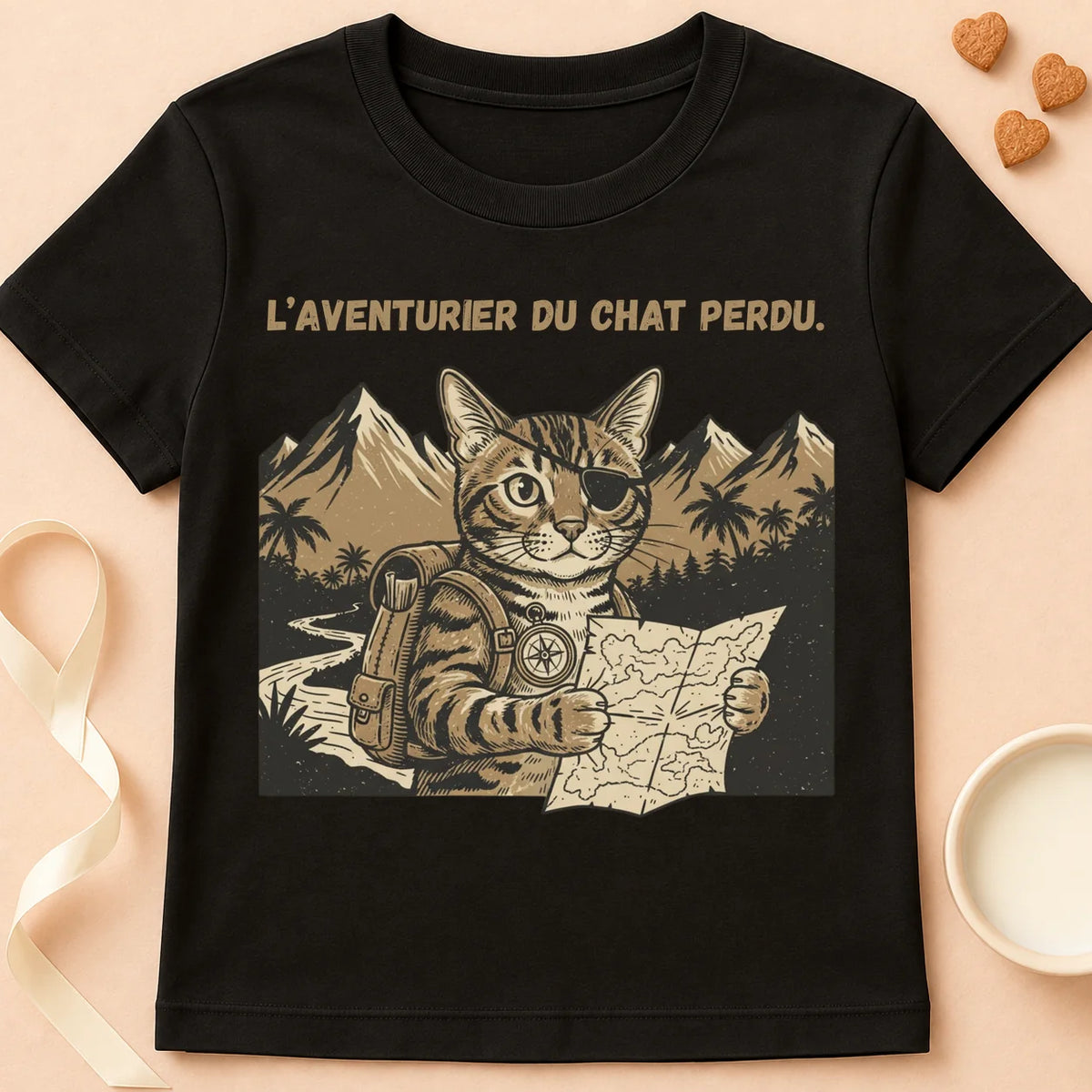 T-shirt chat Patoume – T-Shirt Aventurier – Noir