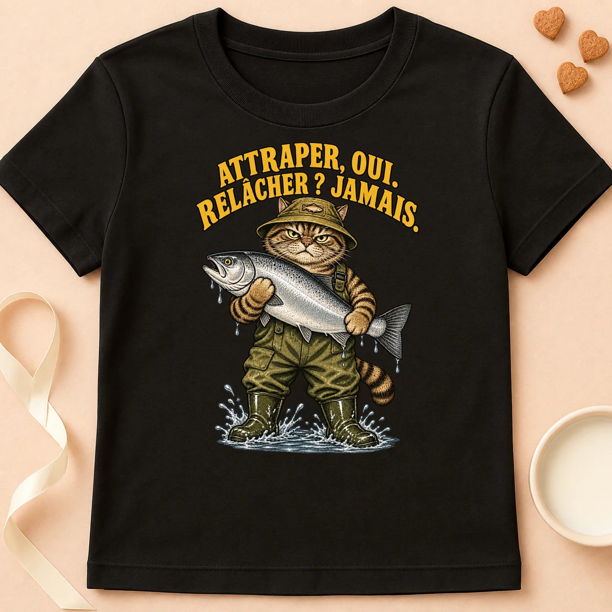 T-shirt chat Patoume – T-shirt Attraper oui, relâcher jamais – Noir