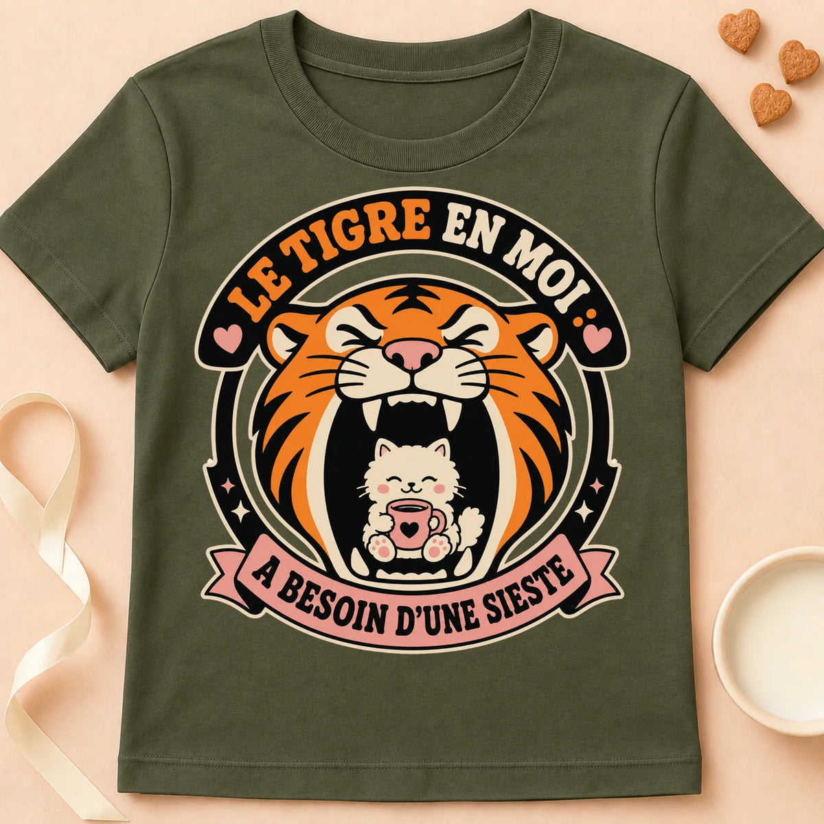 T-shirt chat Patoume – T-Shirt Sieste – Vert kaki