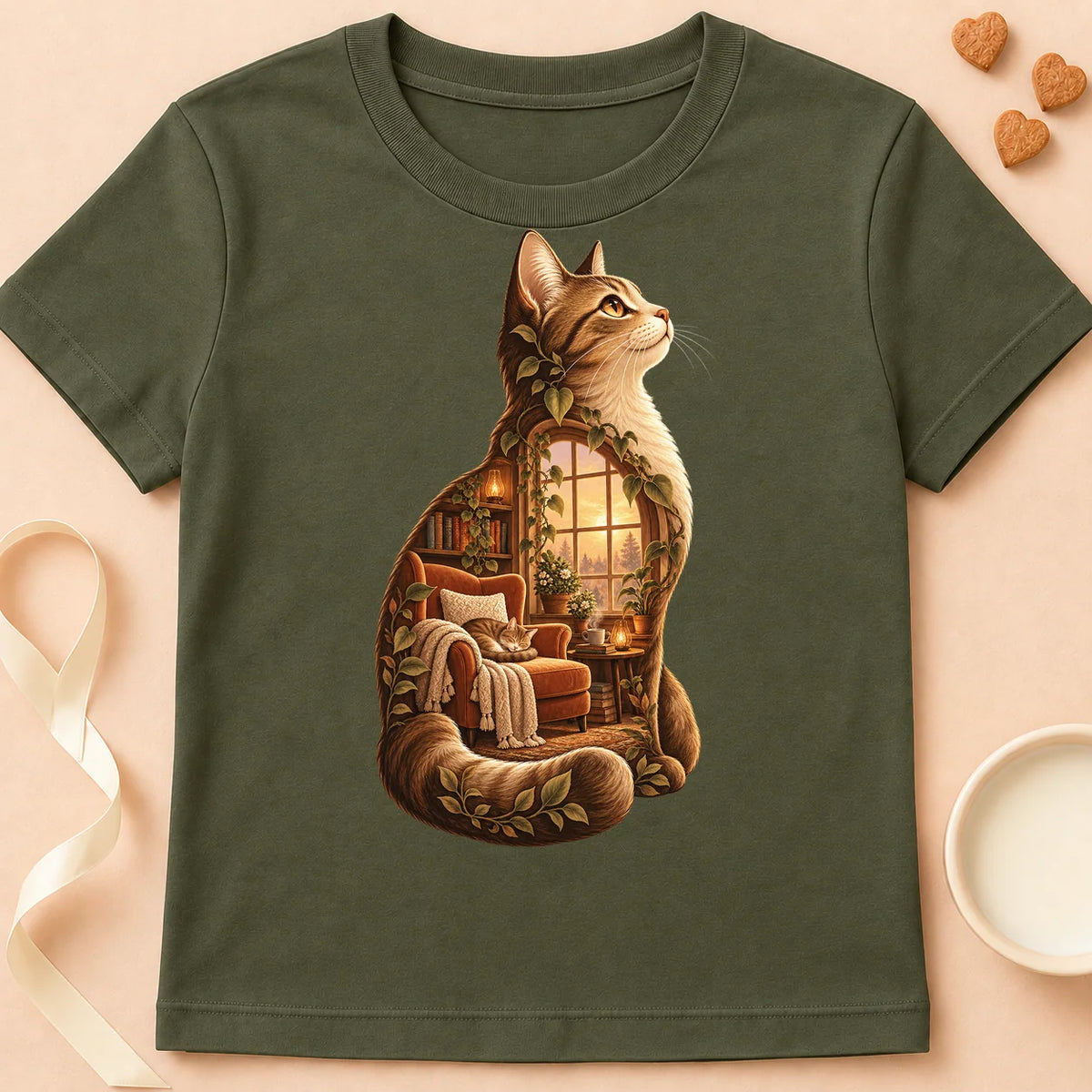 T-shirt chat Patoume – T-shirt Sérénitude – Vert kaki