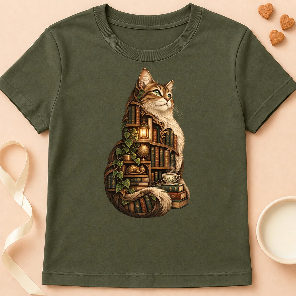T-shirt chat Patoume – T-shirt Chat Lecteur – Vert kaki