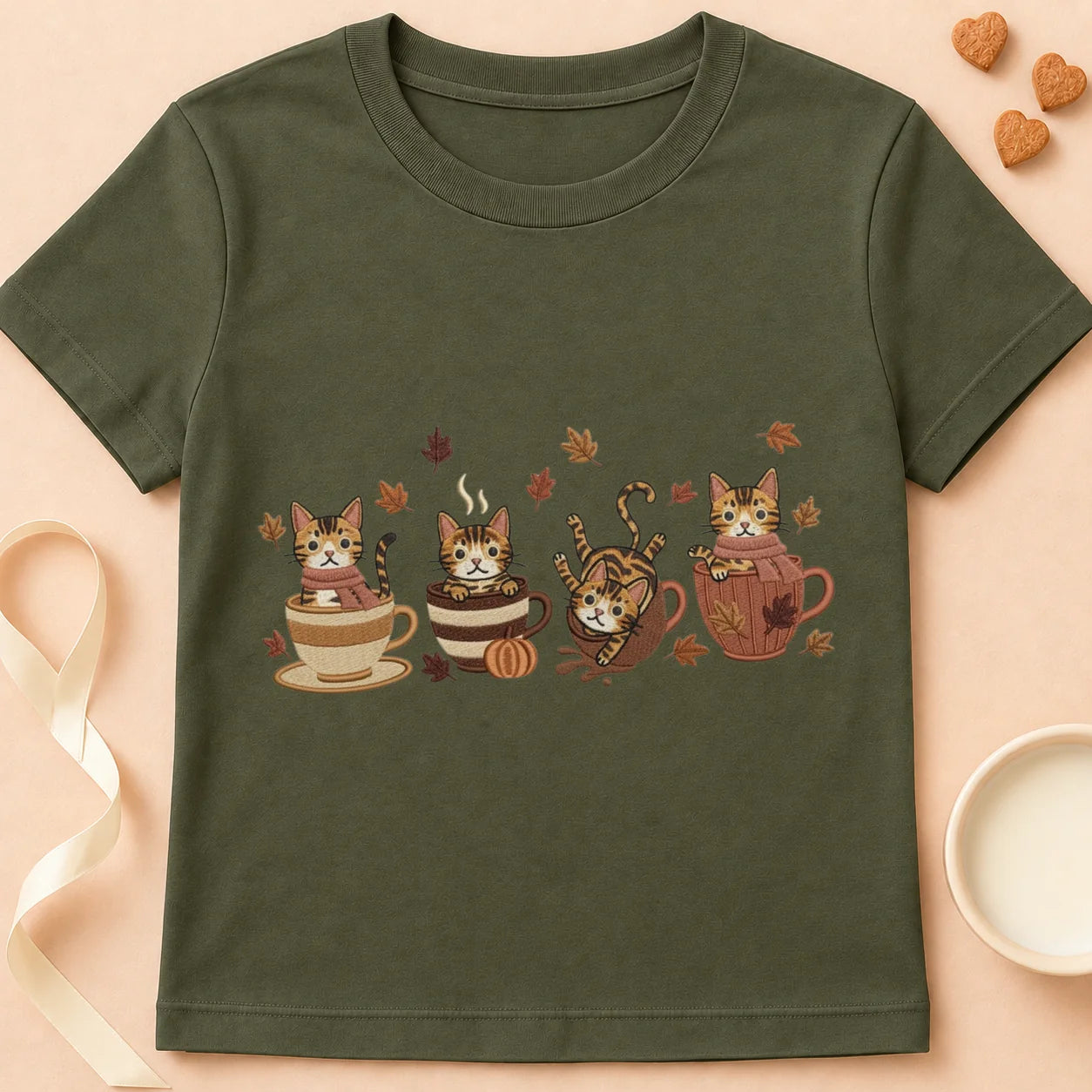 T-shirt chat Patoume – T-Shirt Automne – Vert kaki
