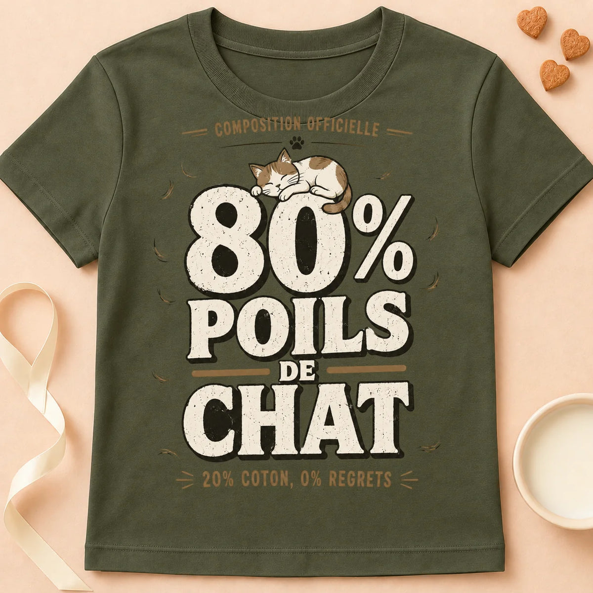 T-shirt chat Patoume – T-Shirt Poils – Vert kaki