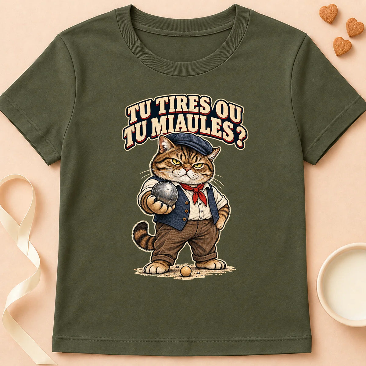T-shirt chat Patoume – T-shirt Tu tires ou tu miaules – Vert kaki