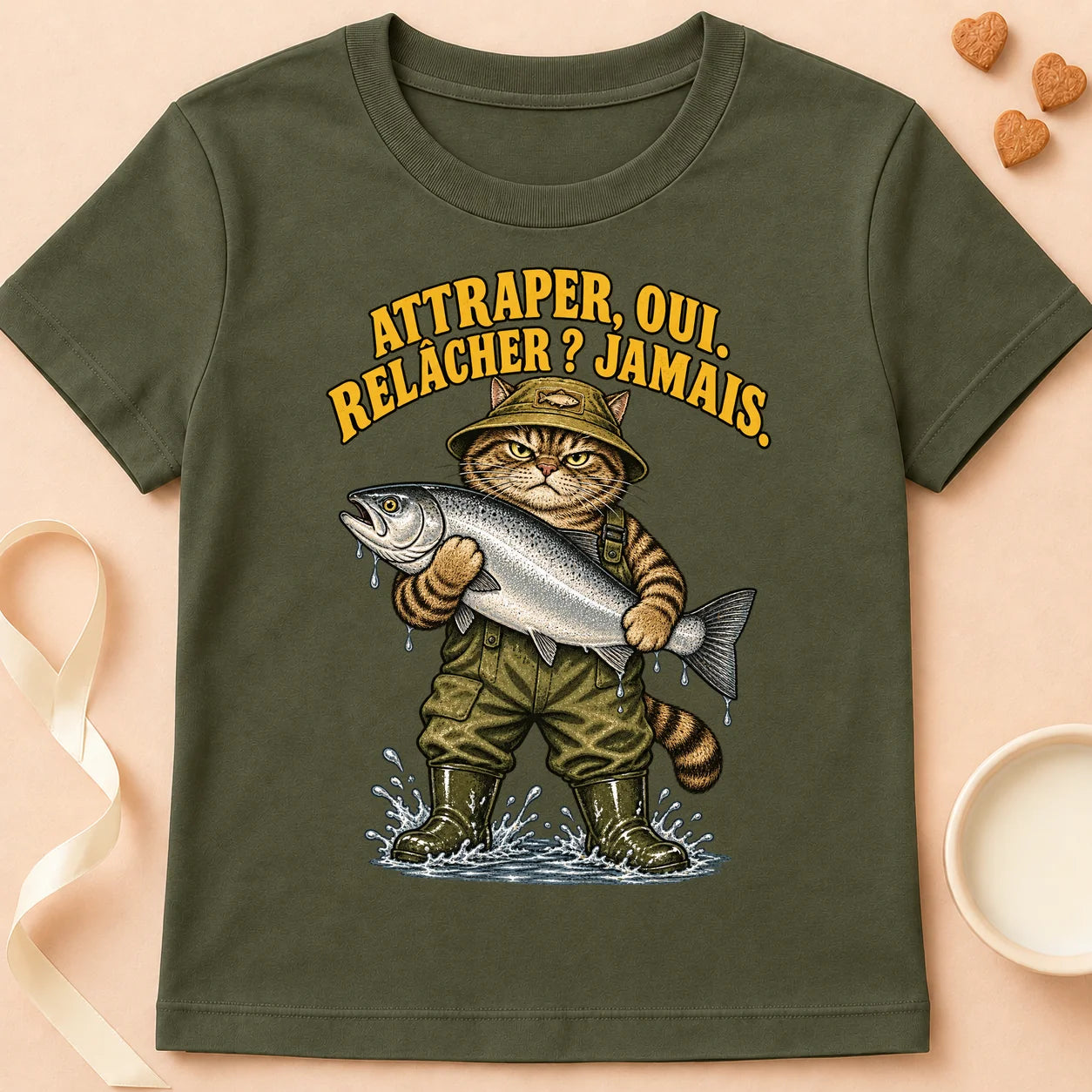 T-shirt chat Patoume – T-shirt Attraper oui, relâcher jamais – Vert kaki