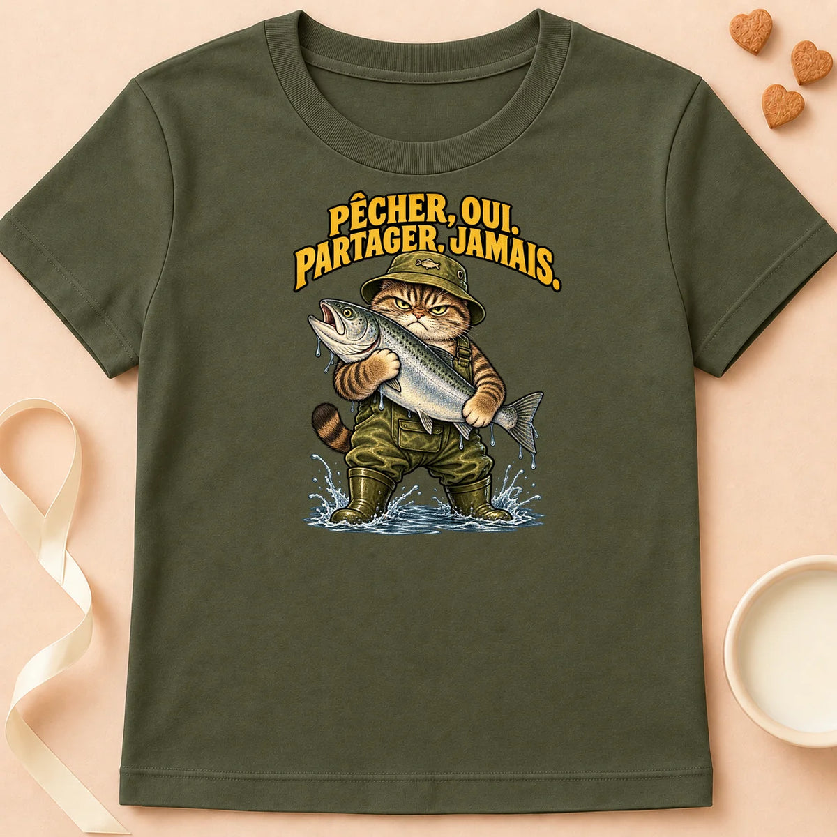 T-shirt chat Patoume – T-shirt Ne partage jamais – Vert kaki