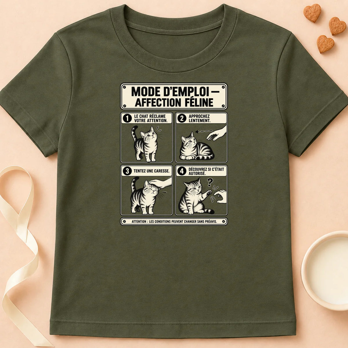 T-shirt chat Patoume – T-shirt Mode d’emploi – Vert kaki