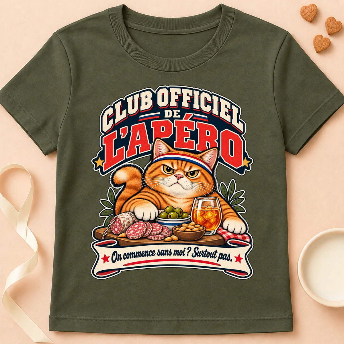 T-shirt chat Patoume – T-shirt Club officiel de l’apero – Vert kaki