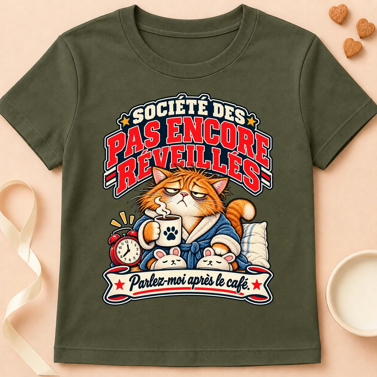 T-shirt chat Patoume – T-shirt Lève-tard – Vert kaki