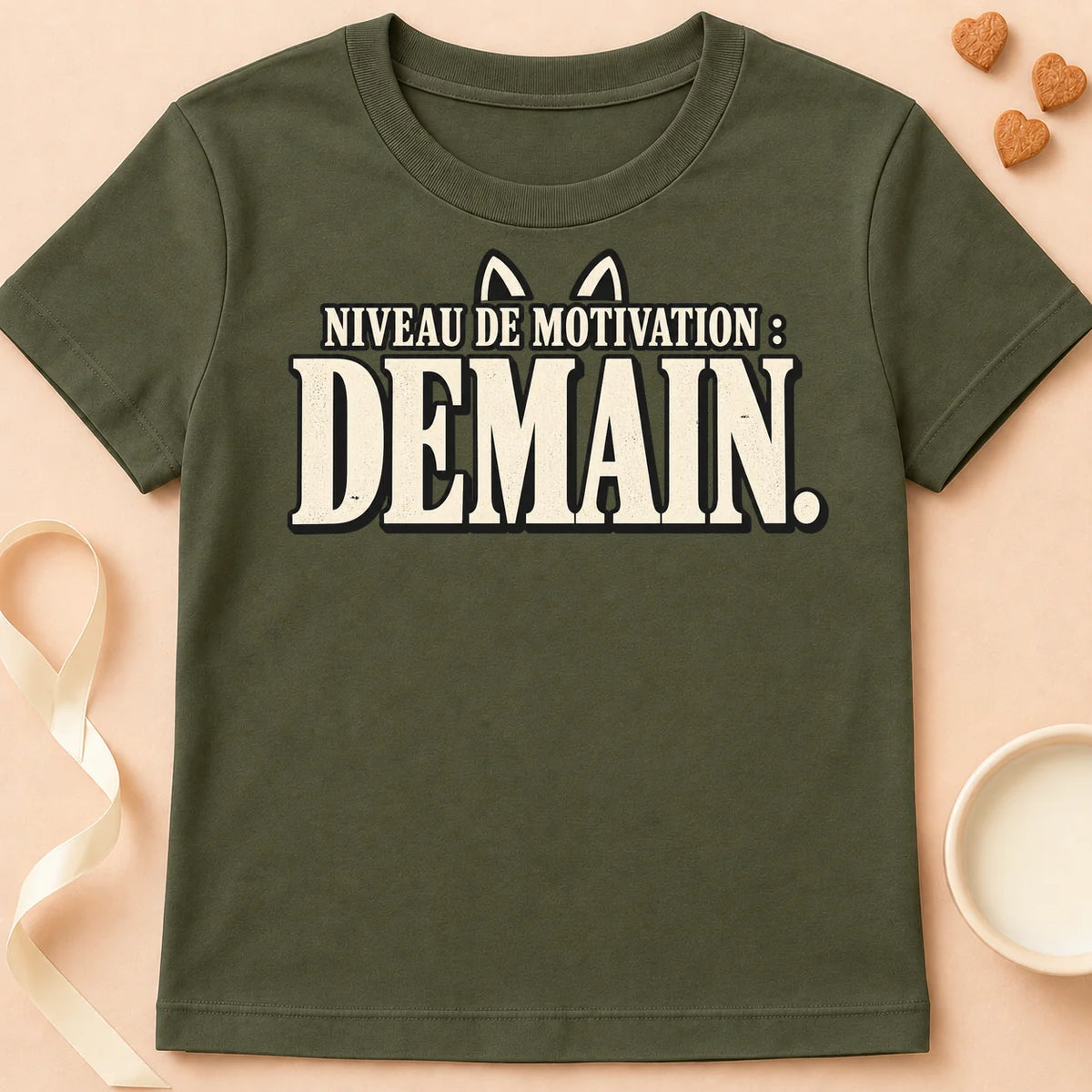 T-shirt chat Patoume – T-shirt Niveau de motivation – Vert kaki