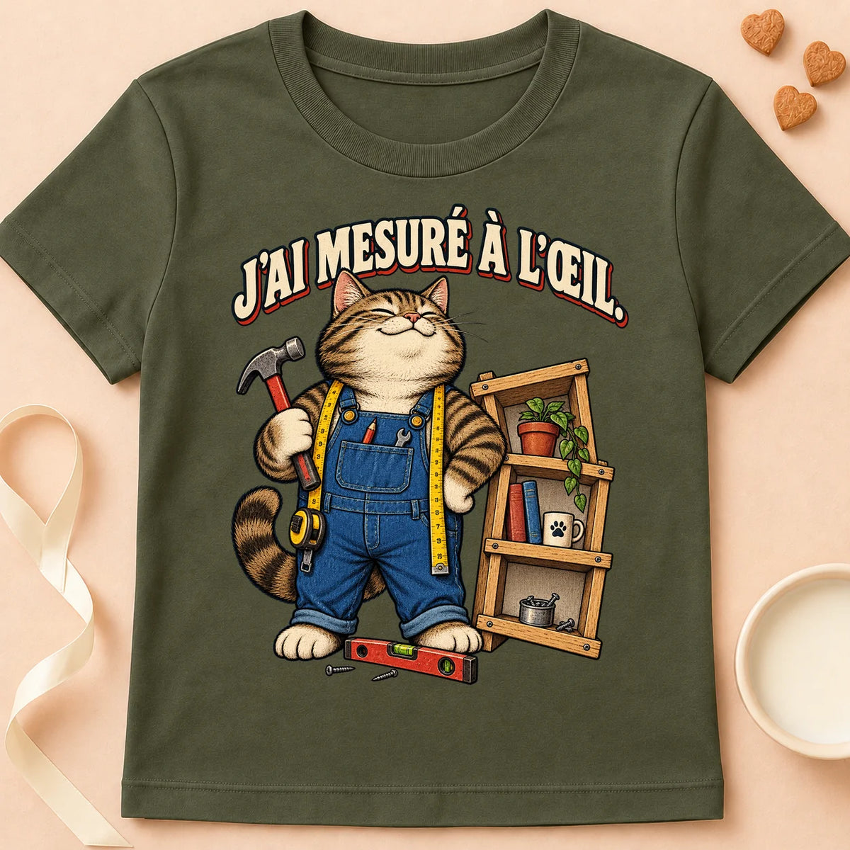 T-shirt chat Patoume – T-shirt Mesure à l'oeil – Vert kaki