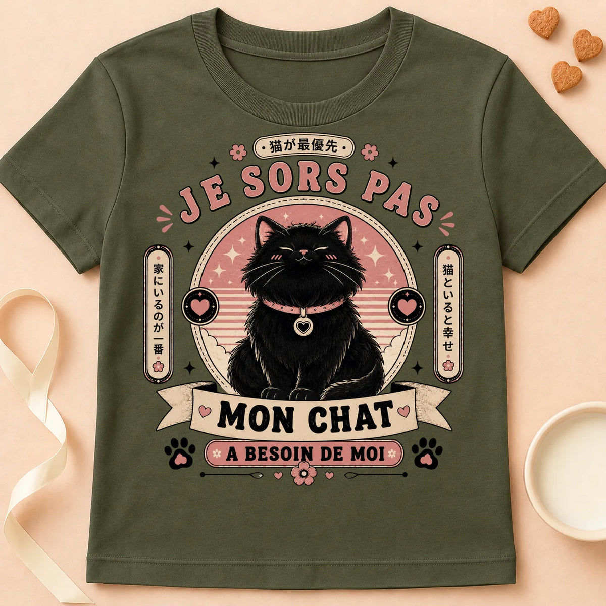 T-shirt chat Patoume – T-Shirt Casanière – Vert kaki