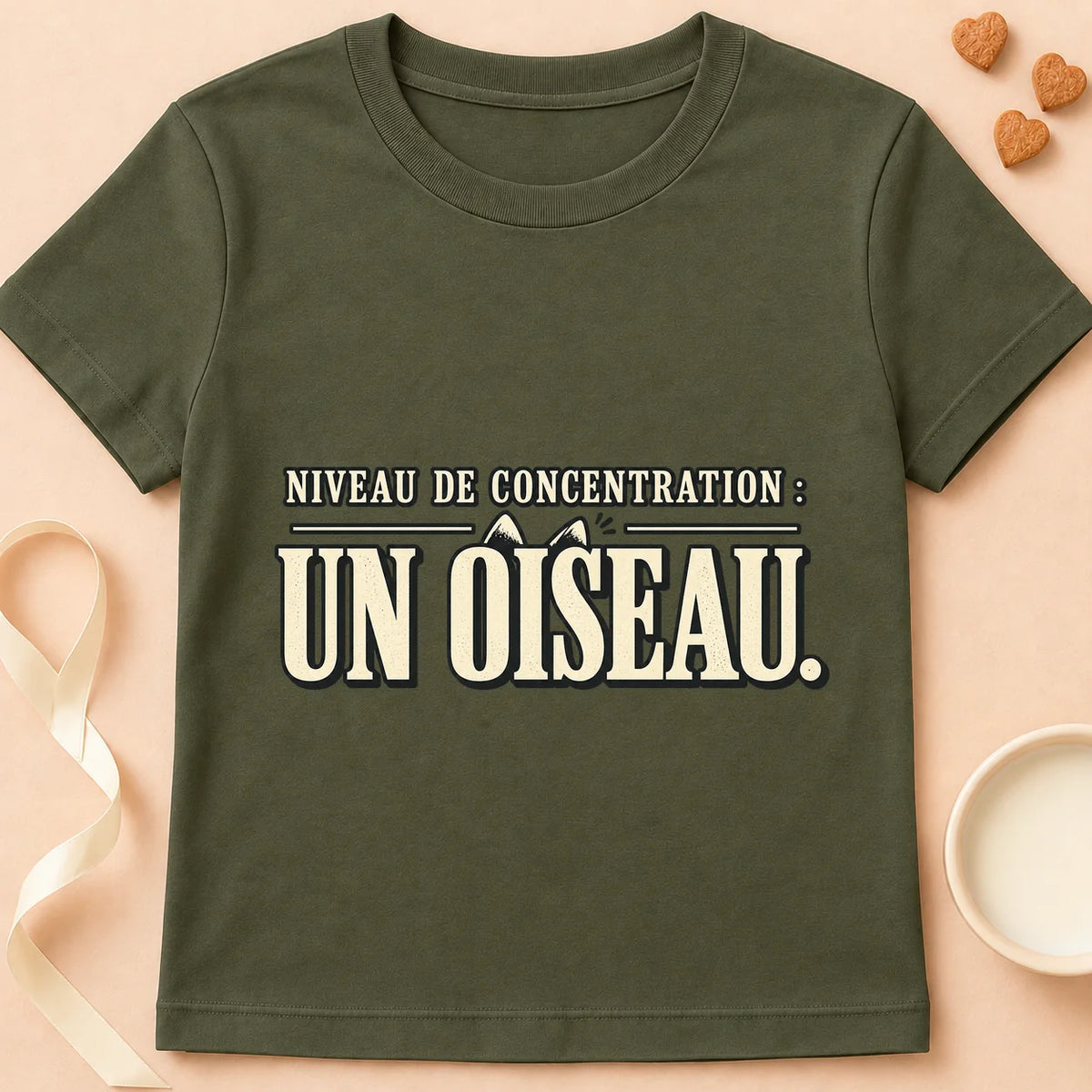 T-shirt chat Patoume – T-shirt Niveau de concentration – Vert kaki