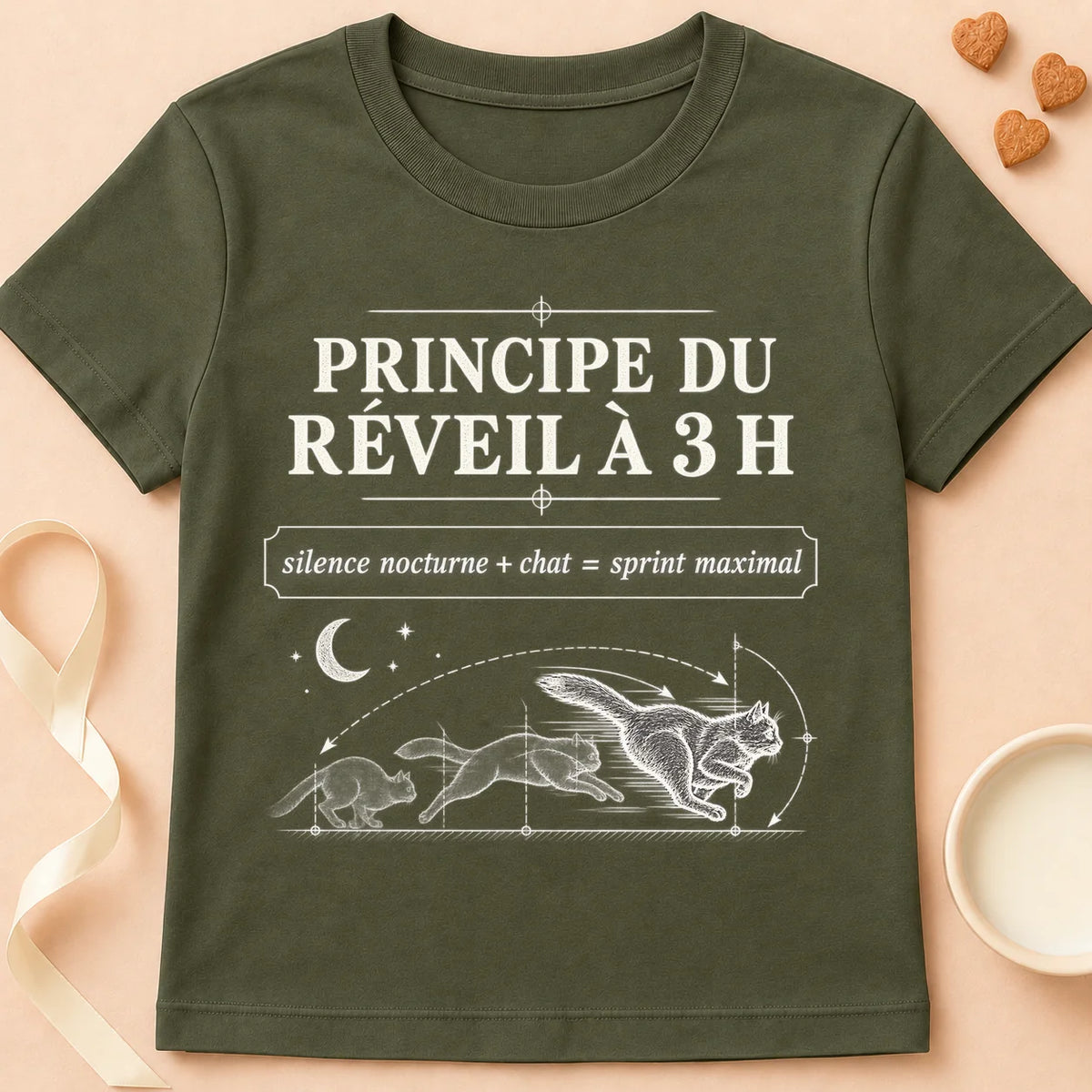 T-shirt chat Patoume – T-shirt Principe du réveil – Vert kaki