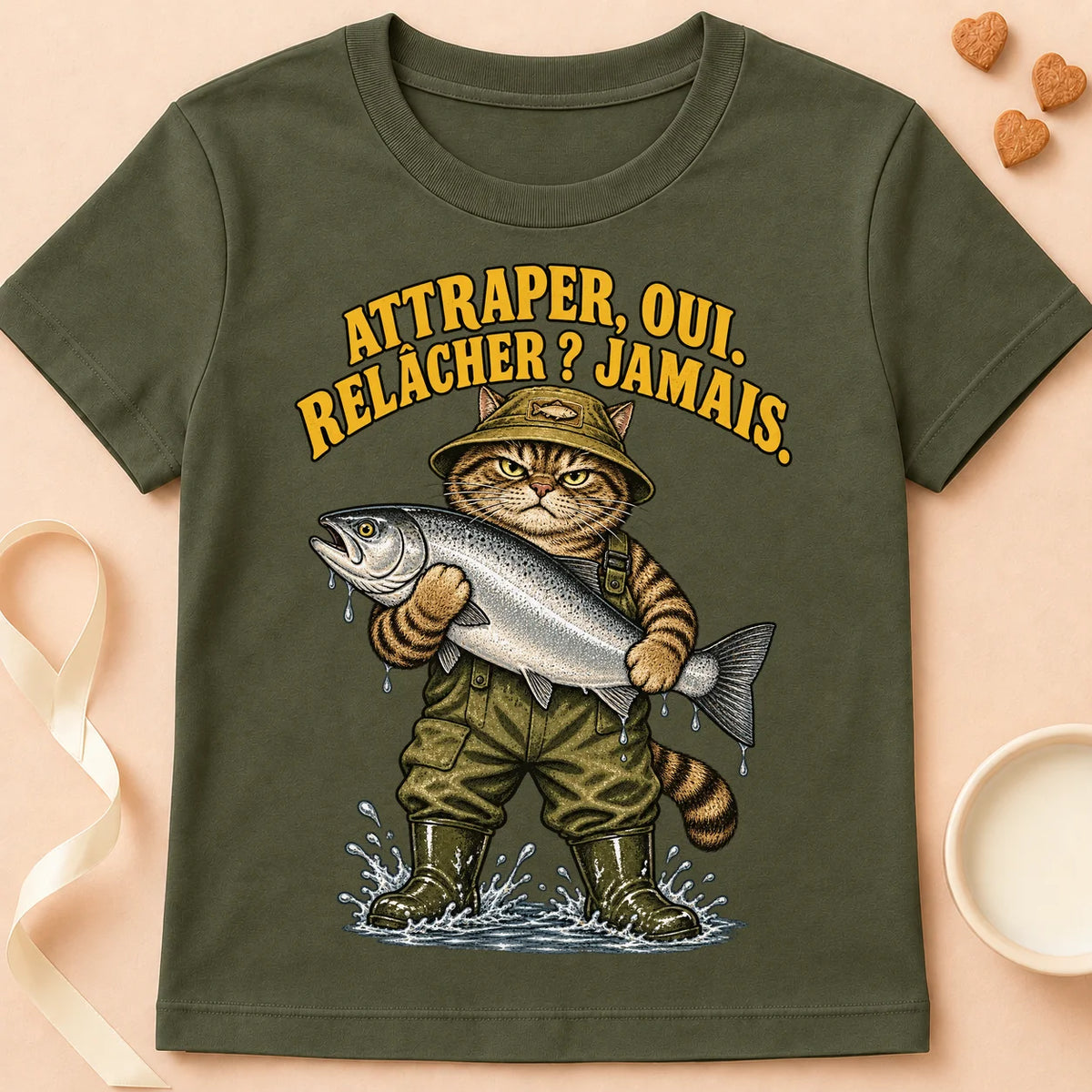 T-shirt chat Patoume – T-shirt Attraper oui, relâcher jamais – Vert kaki