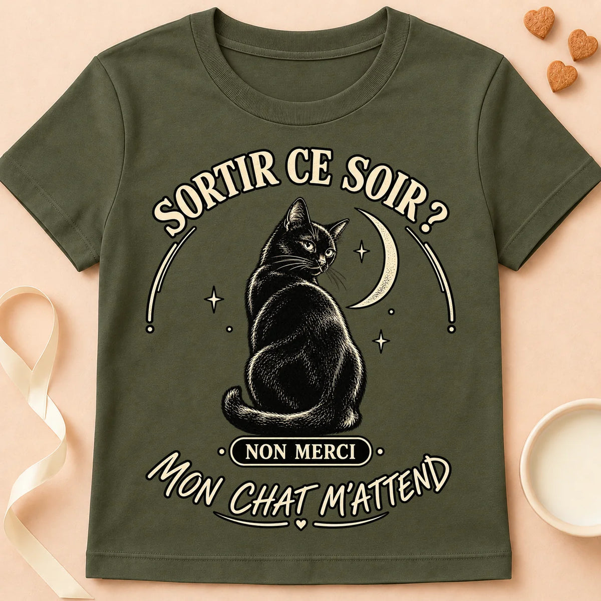 T-shirt chat Patoume – T-shirt Sortir ce soir – Vert kaki