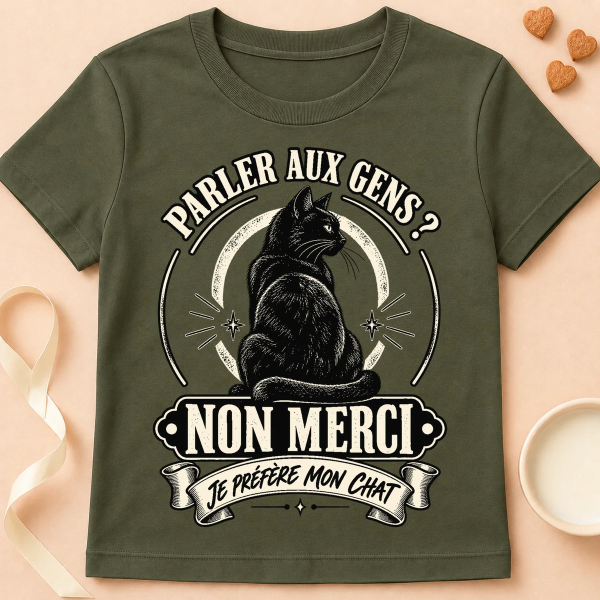 T-shirt chat Patoume – T-shirt Parler aux gens – Vert kaki