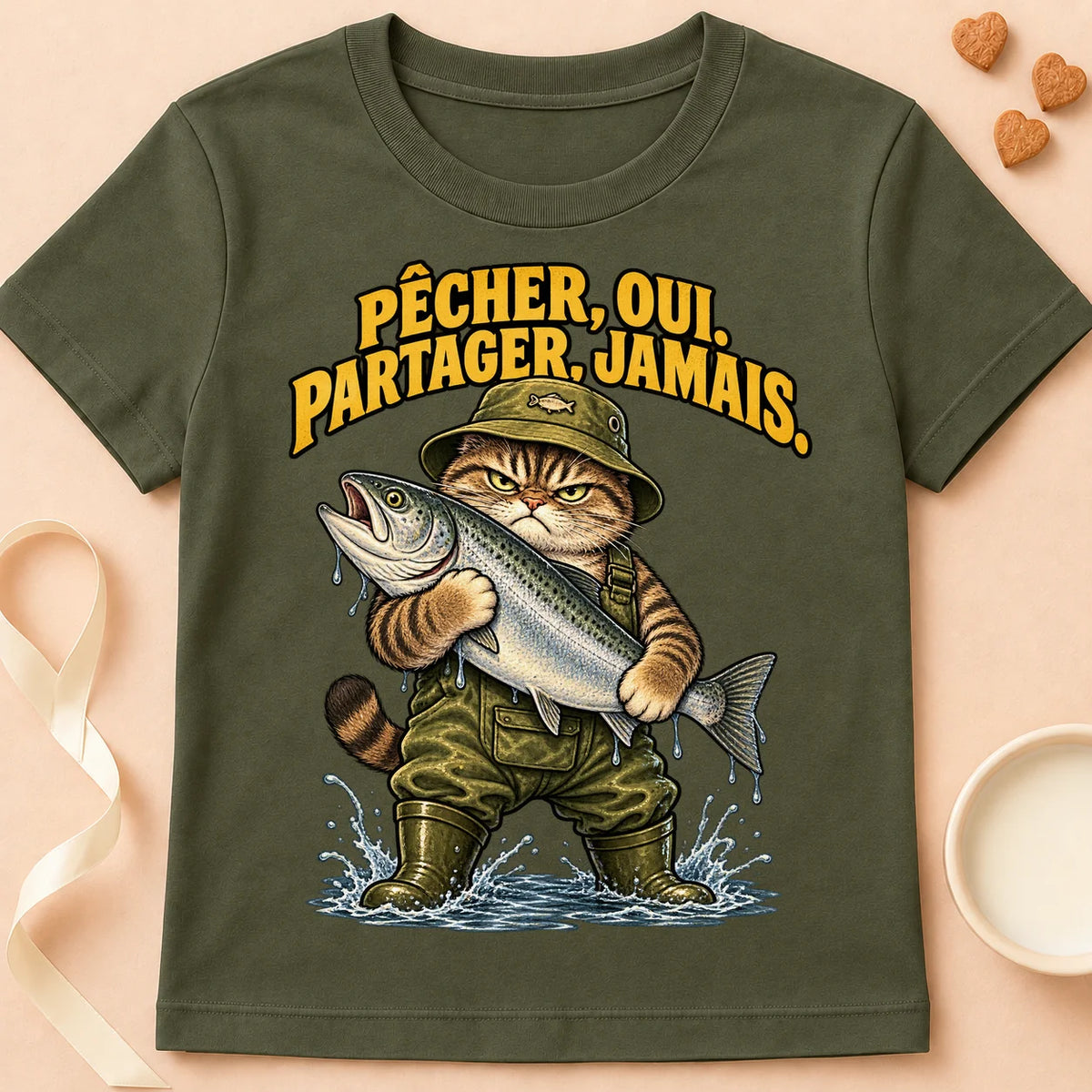 T-shirt chat Patoume – T-shirt Ne partage jamais – Vert kaki