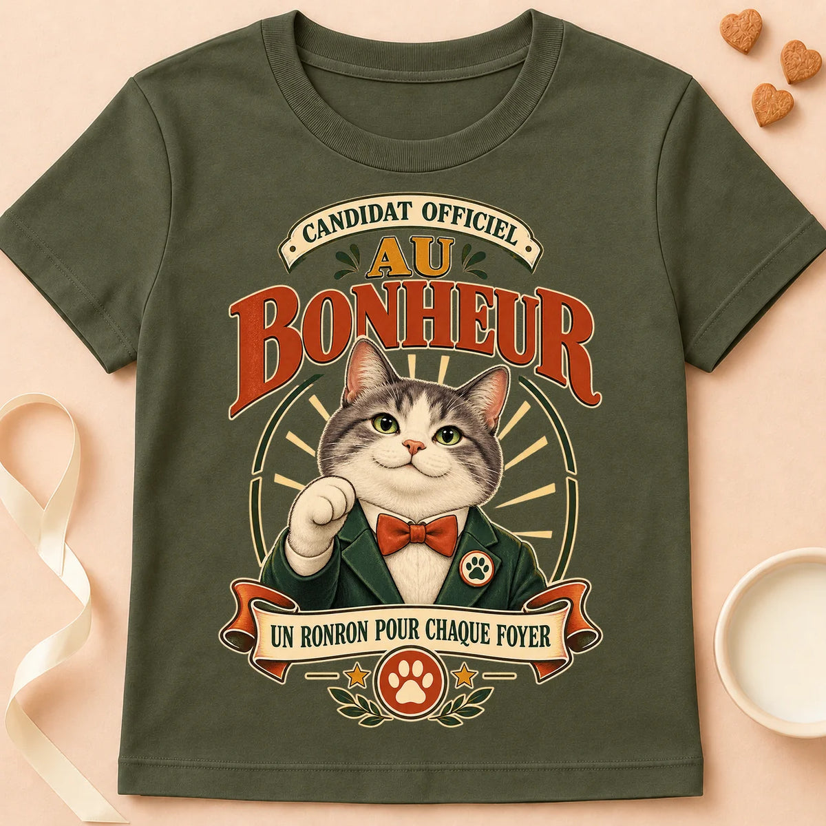 T-shirt chat Patoume – T-shirt Candidat au bonheur – Vert kaki