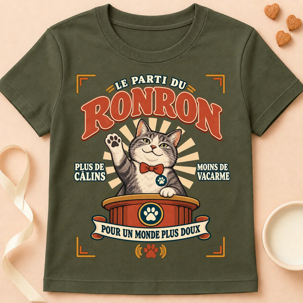 T-shirt chat Patoume – T-shirt Parti Ronron – Vert kaki