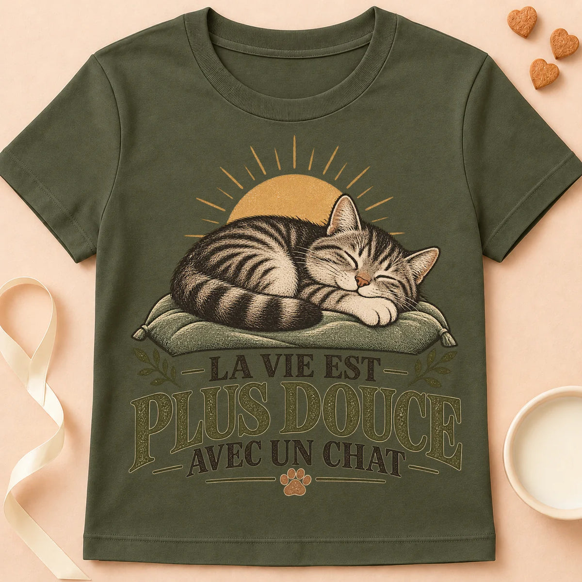 T-shirt chat Patoume – T-shirt Vie douce – Vert kaki