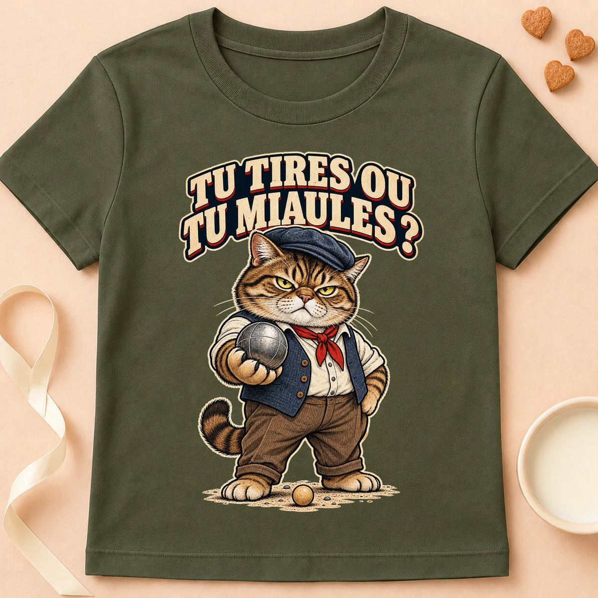 T-shirt chat Patoume – T-shirt Tu tires ou tu miaules – Vert kaki