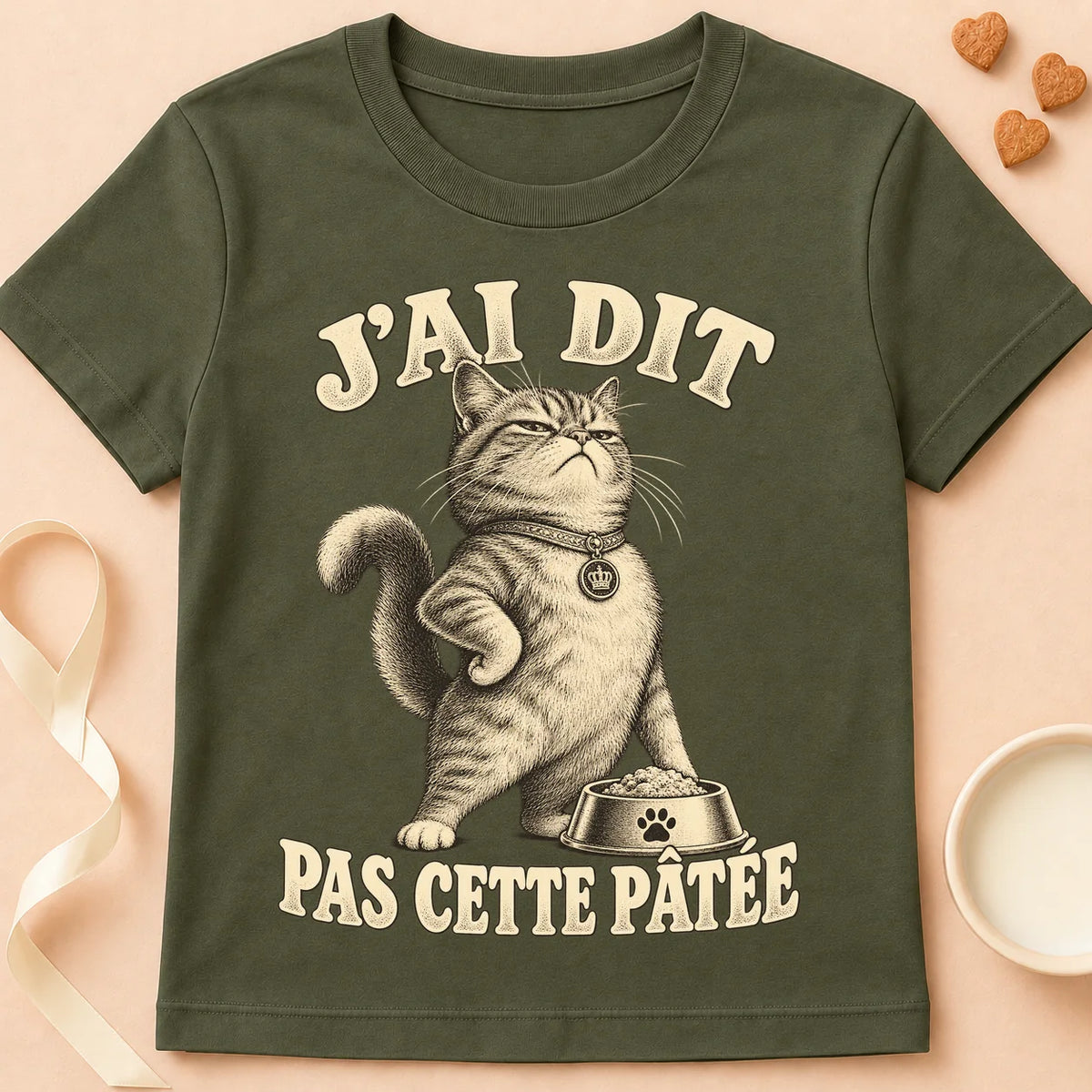 T-shirt chat Patoume – T-shirt Pas cette pâtée – Vert kaki