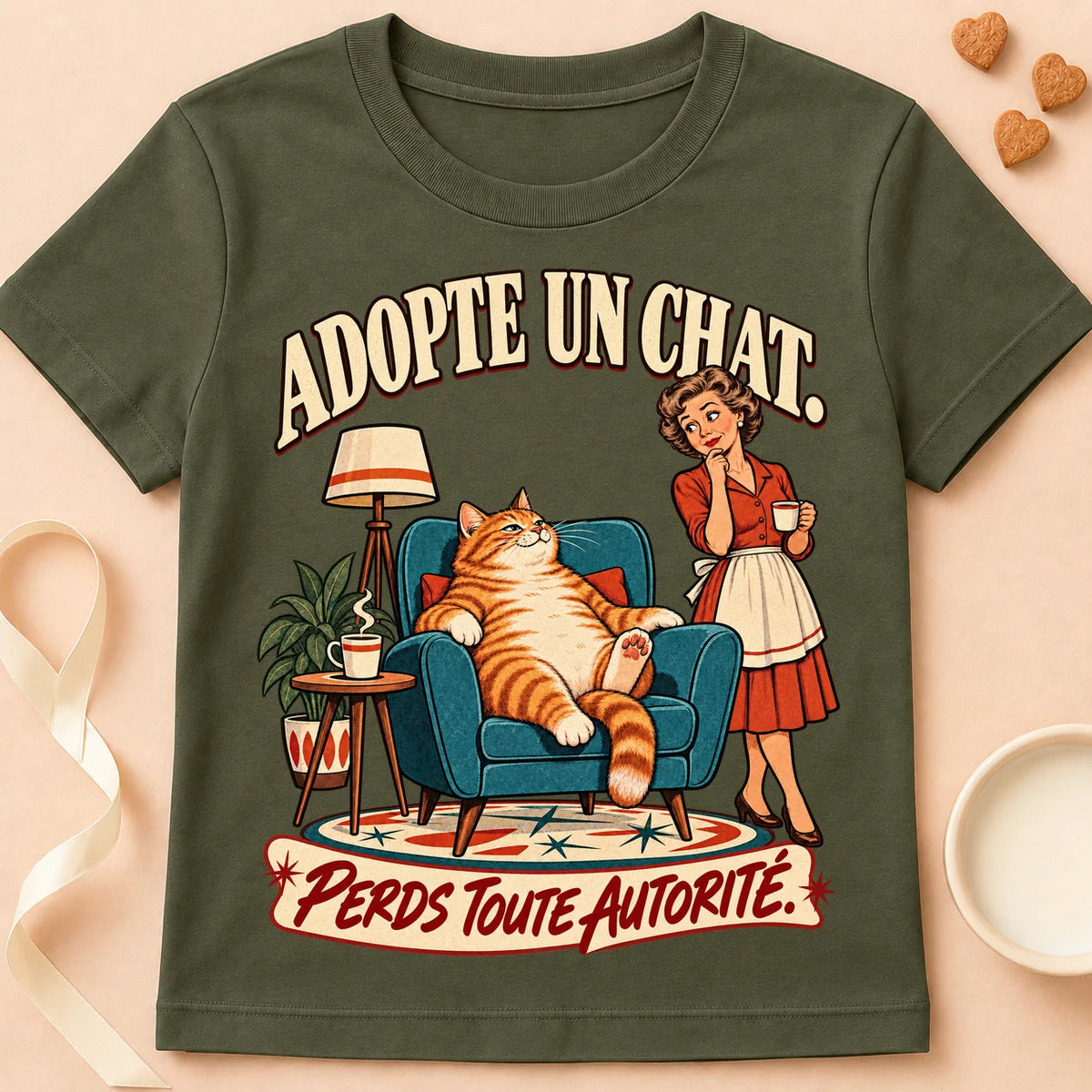 T-shirt chat Patoume – T-shirt Perte d’autorité – Vert kaki