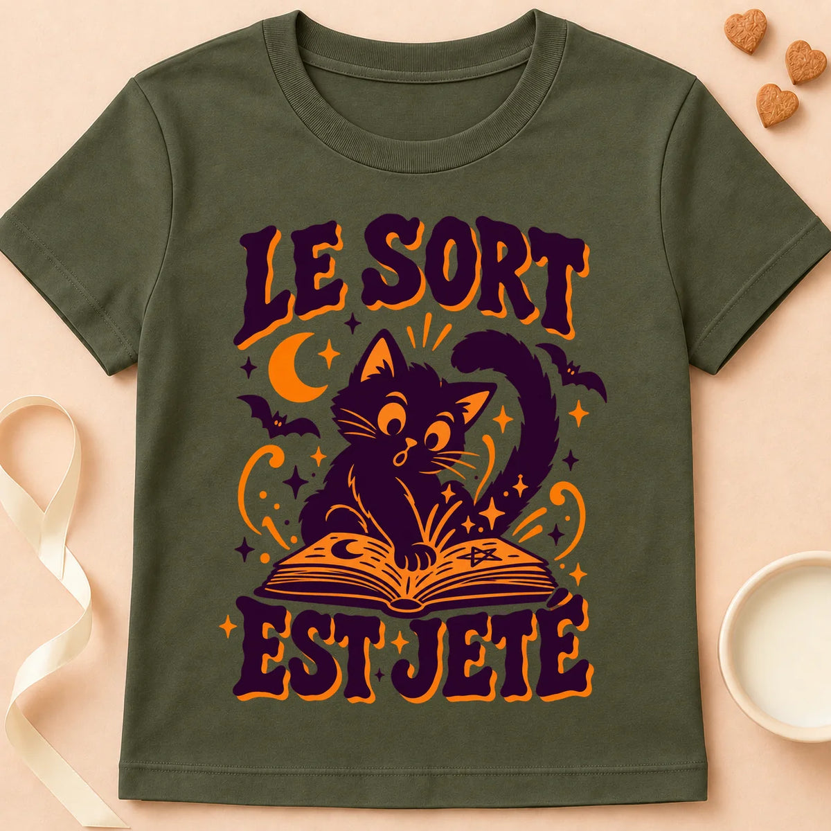 T-shirt chat Patoume – T-shirt Sort jeté – Vert kaki