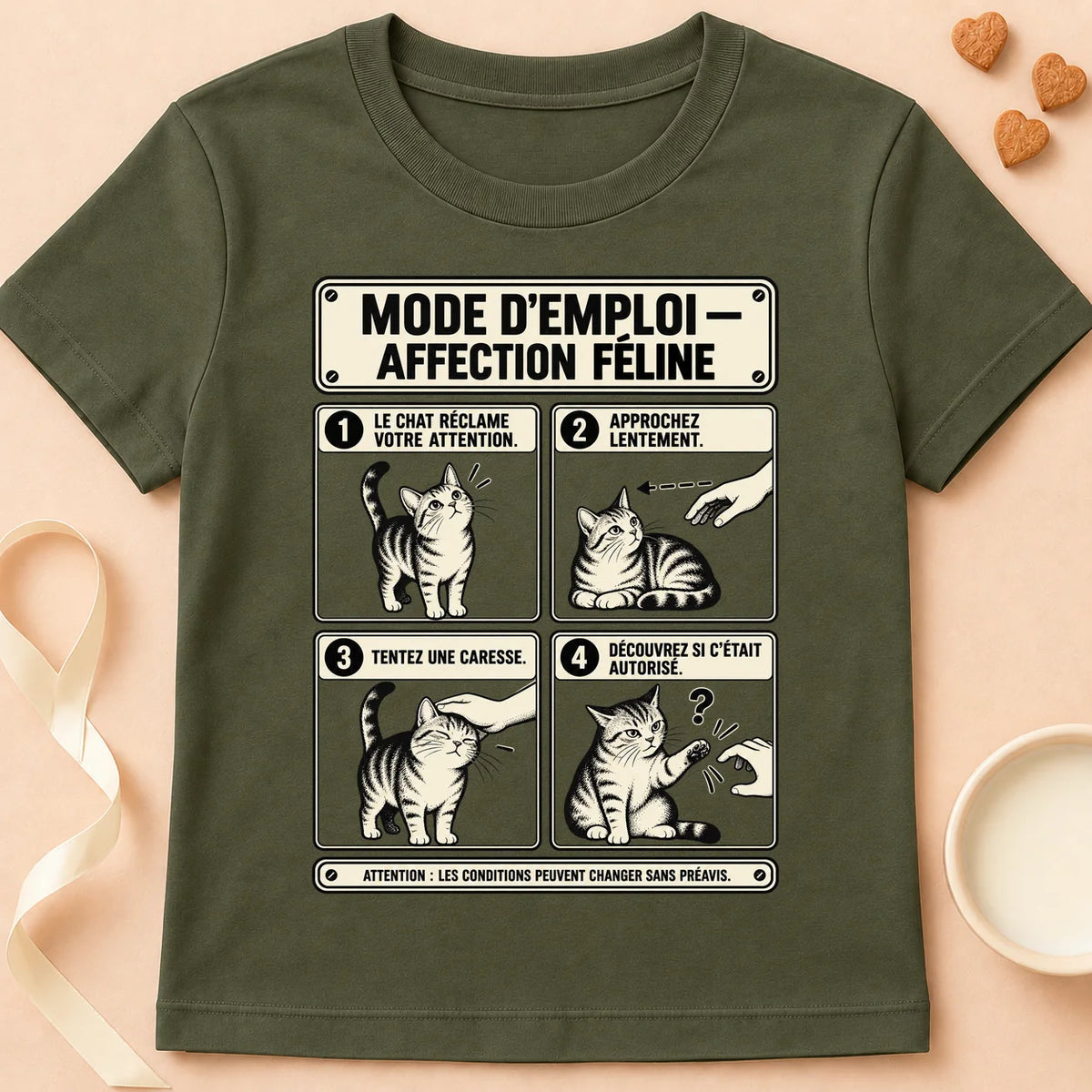 T-shirt chat Patoume – T-shirt Mode d’emploi – Vert kaki