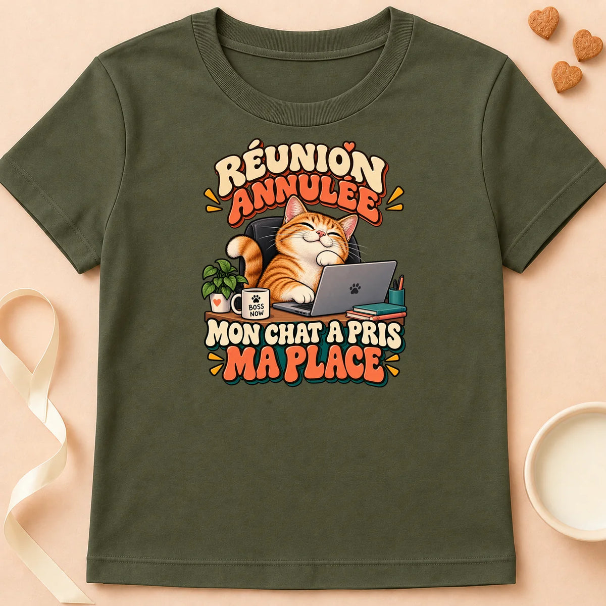 T-shirt chat Patoume – T-shirt Meeting Annulée – Vert kaki