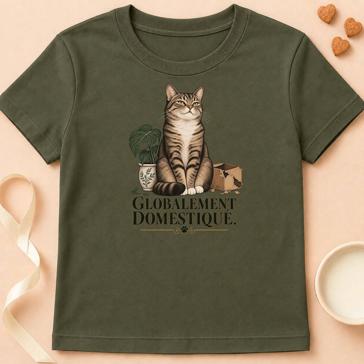 T-shirt chat Patoume – T-shirt Globalement domestiqué – Vert kaki