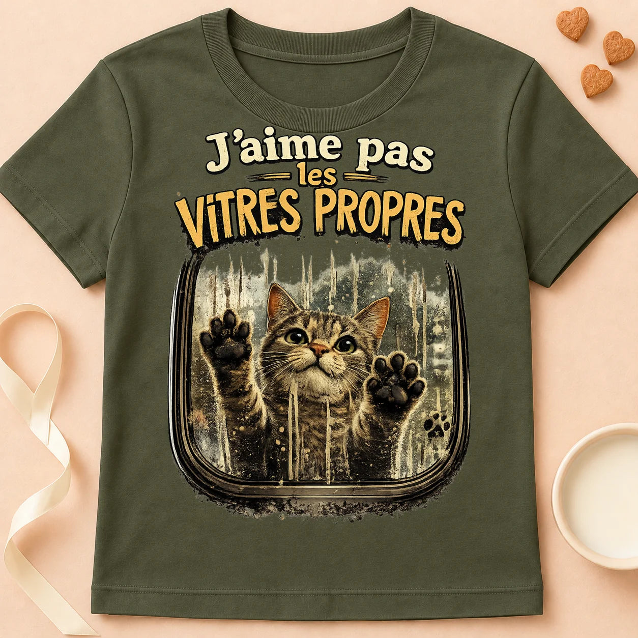 T-shirt chat Patoume – T-shirt « J’aime pas les vitres propres » – Vert kaki