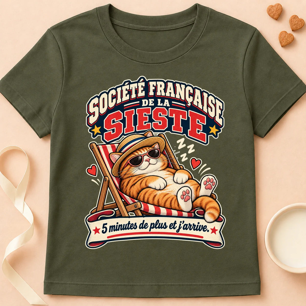 T-shirt chat Patoume – T-shirt Société francaise de la sieste – Vert kaki