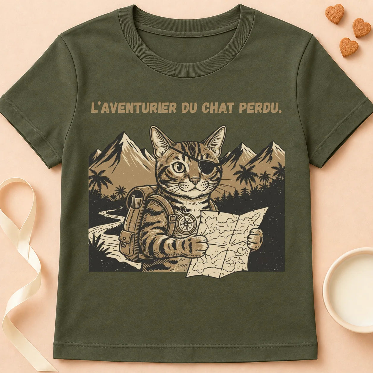 T-shirt chat Patoume – T-Shirt Aventurier – Vert kaki