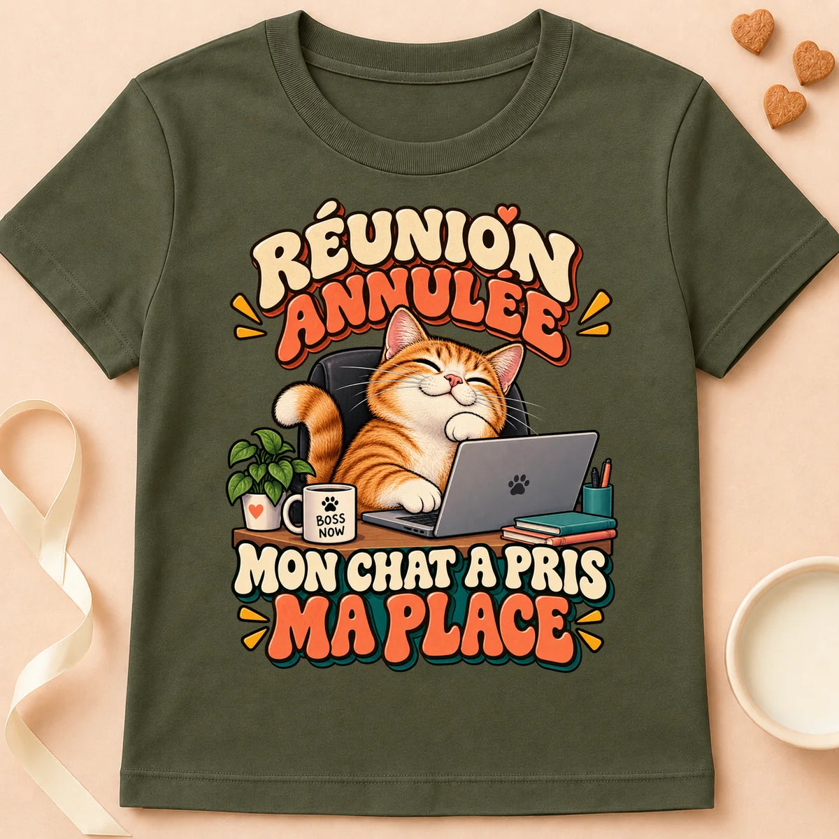 T-shirt chat Patoume – T-shirt Meeting Annulée – Vert kaki
